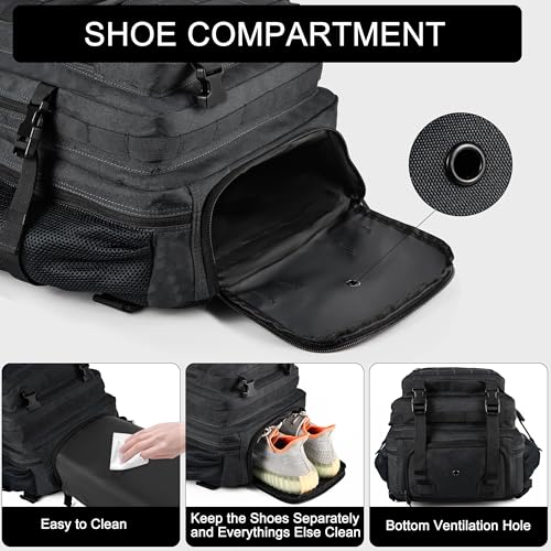 Military Tactical Backpack 50L with Shoe Compartment Black - 3 Day Assault Pack