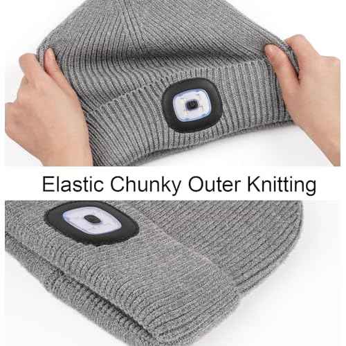MELASA Winter Fleece Lined LED Beanie, USB Rechargeable Hand Free Warm Hat with Light Built in, Gifts for Men Dad Husband Him