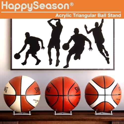 Happyseason 3-Pack Acrylic Football Stand, Basketball Stand with Stainless Steel Rods, Soccer Ball Holder, Volleyball Holder, Round-Edge Rack for Balls, Easy to Assemble (Clear)