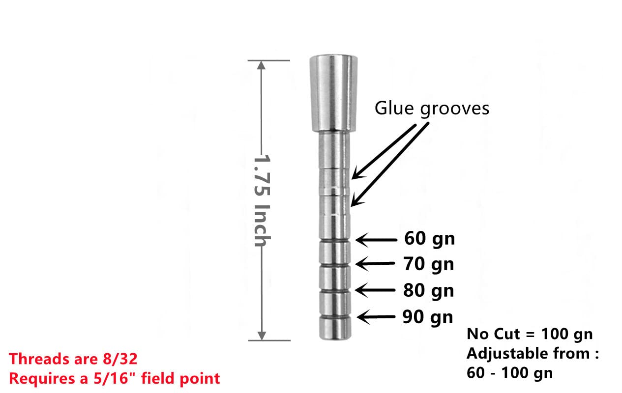 ZOEKO Stainless-Steel Arrow Inserts Suitable for ID .204" .244" Carbon Arrows, Suitable for 5/16" Field Points, Cuttable from 35-200 Grain (A Dozen)