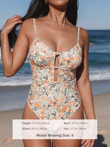 Women's Scoop Neck Monokini Swimsuit - Cutout One-Piece Bathing Suit, Medium / Yellow Ditsy Floral