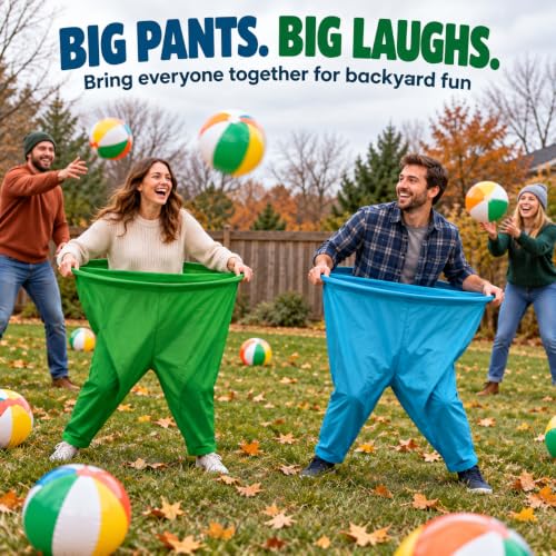 Outdoor Yard Game with Giant Pants and 48 Balls - Variation of Yellow, Green, Blue, Pink