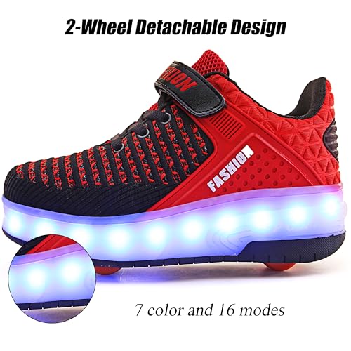 Kids Roller Shoes with Lights - A-Red, Lightweight & Breatheable, Beginner Sneakers with Wheels, USB Charging - Little Kid Size 1