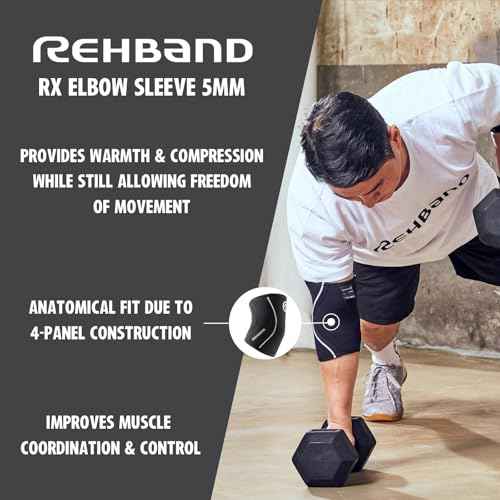 Rehband Elbow 5mm Compression Sleeve, Neoprene Sleeves for Weightlifting, Anatomical Design, Non-Slip & Close Fitting, Support Unisex, Colour:Carbon/Black - 1 Pair, Size:Large