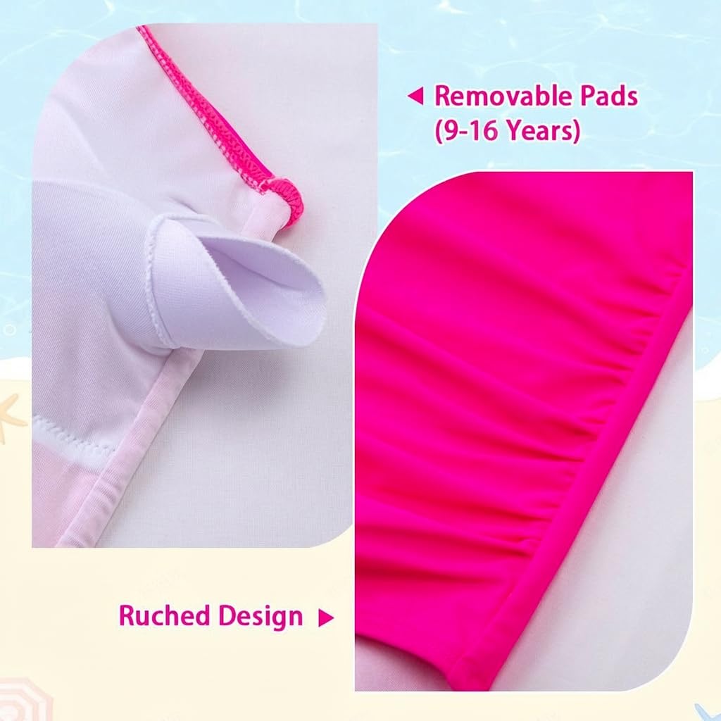 Belovance Girls Swimsuits One Piece Bathing Suit Solid Color Ruched Swimming Suit Tween Summer Modest Beach Swimwear Adjustable Straps Quick Dry Size 9 10 (10Y, Hotpink)