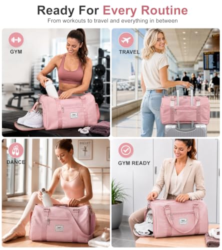 Women's Pink Gym Tote Duffle Bag with Wet Pocket & Shoe Compartment - Travel & Workout