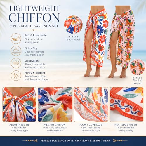 Women Sheer Beach Sarong with Tropical Floral Print - Long Bikini Cover Up, Multicolor