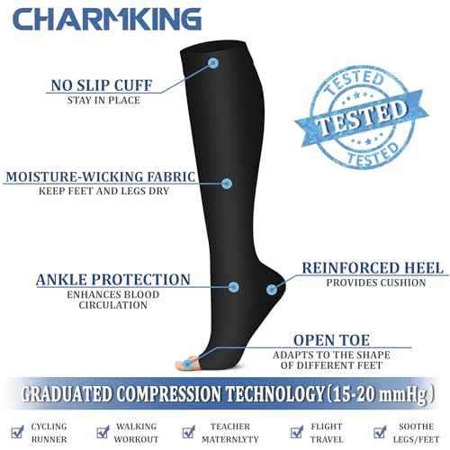 CHARMKING 3 Pairs Open Toe Compression Socks for Women & Men Circulation 15-20 mmHg is Best Support for All Day Wear