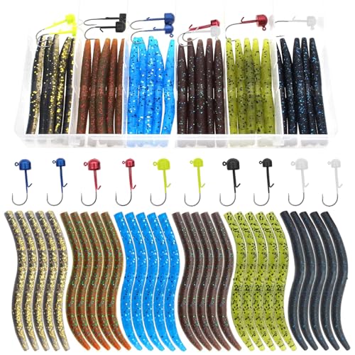 6 Color Ned Rig Kit Soft Plastic Worms with Jigs and Hooks - Bass Fishing Lures