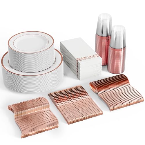 Disposable Dinnerware Set with Rose Gold Rim - 350 Pieces for 50 Guests