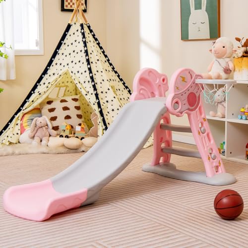 BABY JOY Toddler Slide, 3 in 1 Folding Baby Slide Climber Playset, Freestanding Slide with Long Slipping Slope, Basketball Hoop, Indoor and Outdoor Playground for Kids Boys & Girls Gift Present