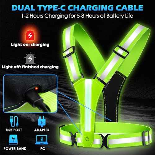 LED Reflective Vest Running Gear, 8 Lights Colors Illuminated, USB-C Rechargeable, High Visibility Safety Vest with Adjustable Waist/Shoulder, Light Up Vest for Night Dog Walking Cycling