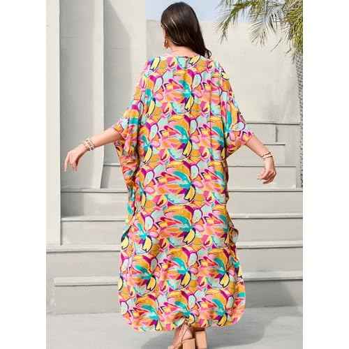 Women's Plus Size Tropical Kaftan Dress V-Neck Batwing Sleeve Beach Cover Up for Swimsuit Vacation Caftan Dress