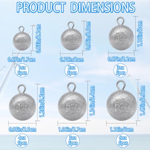 3oz Fishing Round Sinker Cannonball Lead Weights Assortment - 5 Pieces
