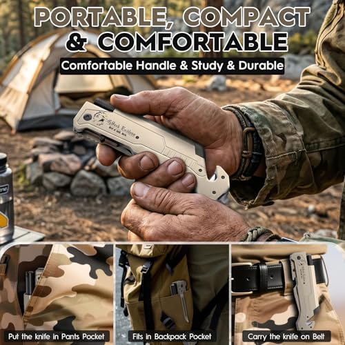 7-in-1 Multitool Folding Pocket Knife with LED Light Titanium Silver - Emergency Survival Tool for Camping, Hiking, Car Escape