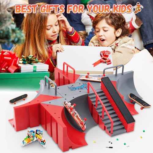 KETIEE Fingerboard Skate Park Kit: 17pcs Finger Skateboard Ramp Set with Exclusive 11 Ramps 4 Mini Skateboards & Roller Skates, Large Finger Skatepark Training Props Toys Gifts for Kids Ages 6 and up