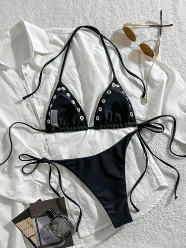 Women's 2 Piece Y2K Bikini Set Small Black Grommet Eyelet Thong Swimwear