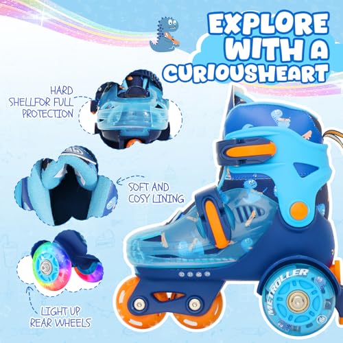 Kids Adjustable Dino Roller Skates with Glowing Wheels - XS-Small (8C-11C US)