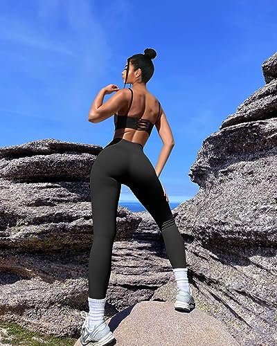 Women's 2 Piece Yoga Leggings Set - Cross Over Workout Pants, Medium / Black