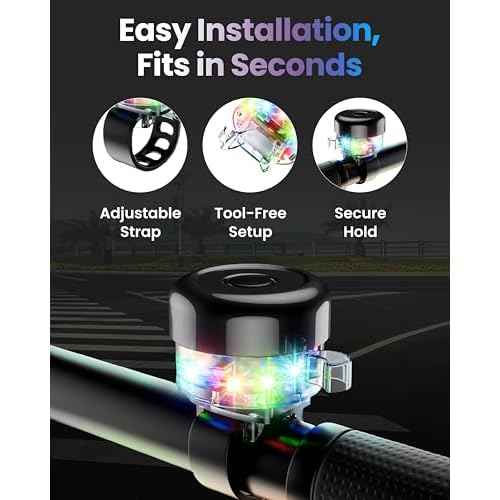 Bike Bell for Kids & Adults, LED Light Up Bike Bell Loud Crisp Sound Bicycle Bell with 3 Lighting Mode, Rechargeable Adjustable Strap Bike Accessories Fits Most City Bike Mountain Bike Children's Bike