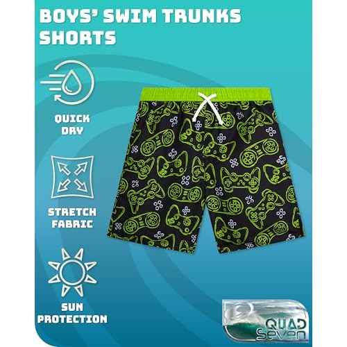 Quad Seven Boys Swim Trunks - 2 Pack Quick Dry Printed Boys Board Shorts Bathing Suit Kids Swimwear with Pockets (Size:8-18)