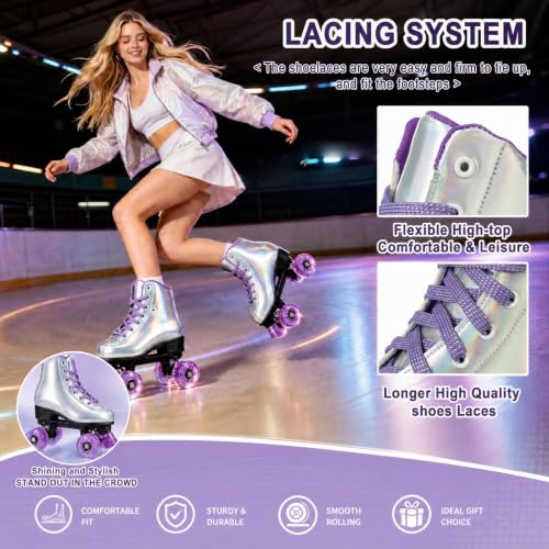 Holographic Purple Flash Quad Roller Skates for Women Men 8.5/7 Indoor Outdoor