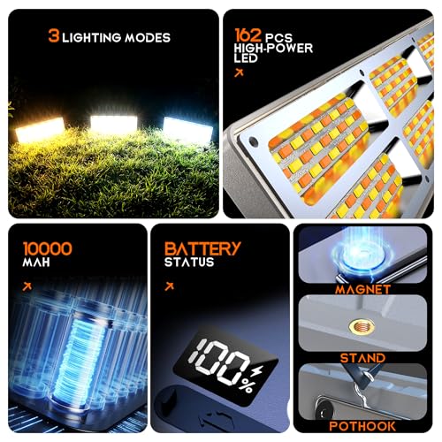 M6 10000mAh Rechargeable LED Work Light with Tripod Stand, Dimmable Cordless Camping Lamp