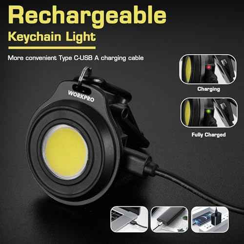 WORKPRO COB Keychain Light, 2Pcs Small Work Keychain Flashlight with Hat Clip, EDC Rechargeable Magnetic 3 Light Modes Carabiner Flashlight for Running, Emergency Hiking and Repairing, Black