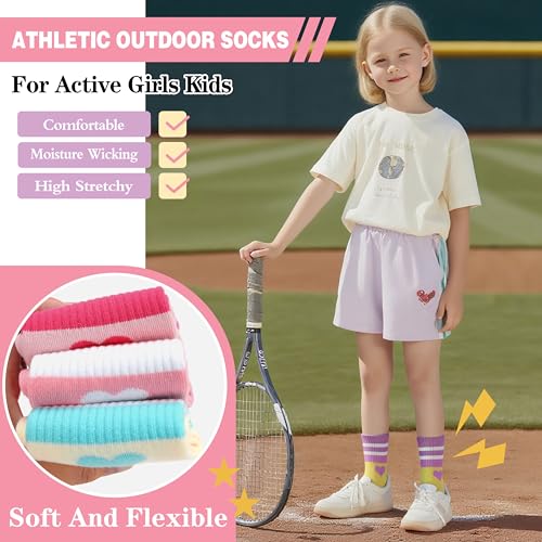 Kids Girls Athletic Sport Socks 9-15 Years Heart Design 6 Pairs Breathable Cotton Crew Socks