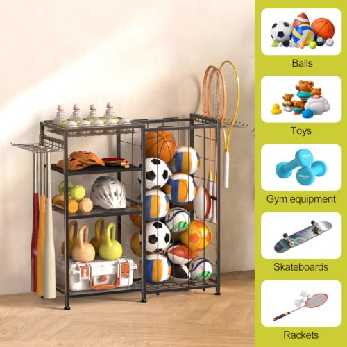 Garage Ball Storage Rack with Hooks & Bungee Organizer for Sports & Toys