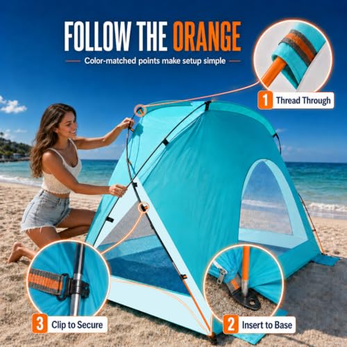 Portable Sun Shelter Beach Tent 3-Person Turquoise Ocean UPF 50+ UV Protection