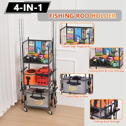 Heavy Duty Fishing Rod Rack with Wheels - Garage Organizer for Fishing Gear