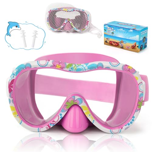 Kids Swim Goggles and Snorkel Mask Set - Pink & Flower | Diving Mask with Nose Cover & Elastic Straps