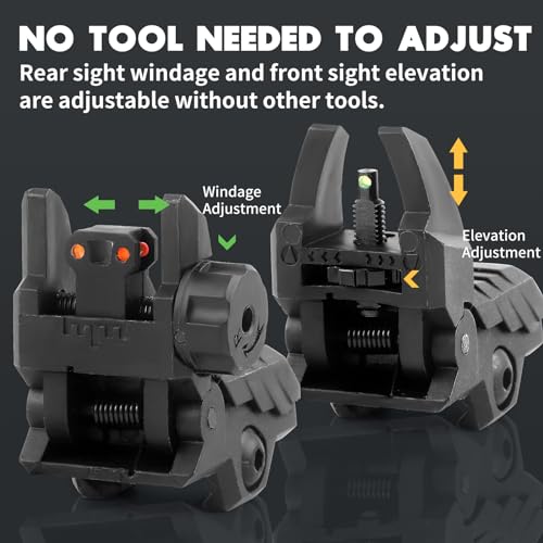 Black Fiber Optic Sights for Rifle Flip Up Backup Sights with Green Red Dots - Tool-Free Adjustment