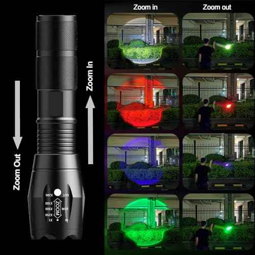 Powerful Red Flashlight, 4 Color in 1 LED White Red Blue and Green Lights, 4 Modes, Zoomable, Rechargeable, 2000 Lumen, Compact, Black, Aluminum, Water Resistant