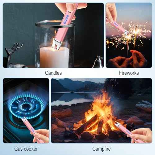 LcFun 3 Pack Candle Lighter Electric USB Rechargeable Plasma Arc Lighter with Safety Lock, Windproof Flameless Long Lighters for Candle, Grill, BBQ, Camping, Gas Stoves (Black, Pink, Gold)