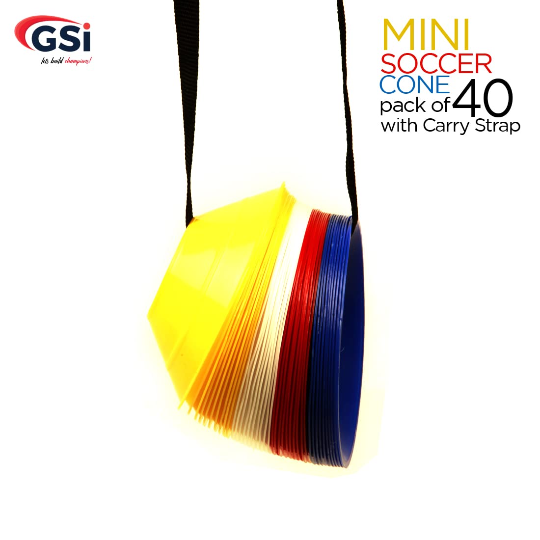 GSi Mini Cones for Sports - 40 Pack - 5Inch Diameter for Better Space Utilization - Comes with Shoulder Strap - for Agility Training Drills