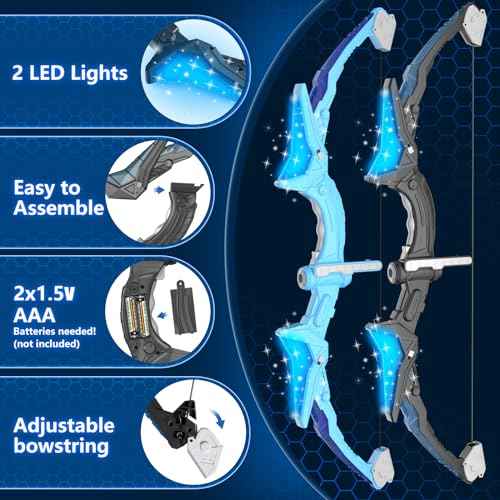 2 Pack Kids Bow and Arrow, 20 Suction Cup Arrows, 2 Archery Targets&Quiver, Light-up Set for 4 5 6 7 8 9 10 11 12 Year Old, Indoor Outdoor Toys for Ages 5-7 8-13 Boys Girls(Black & Blue)