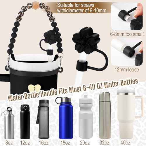 Skylety 7 Pcs Leopard Silicone Cup Accessory Set Compatible with Stanley Cup Leopard Beaded Bottle Strap Carrying Strap Lipstick Holder Tassel Charm Straw Cover Bottle Ring 8-40 oz Tumbler(Black)