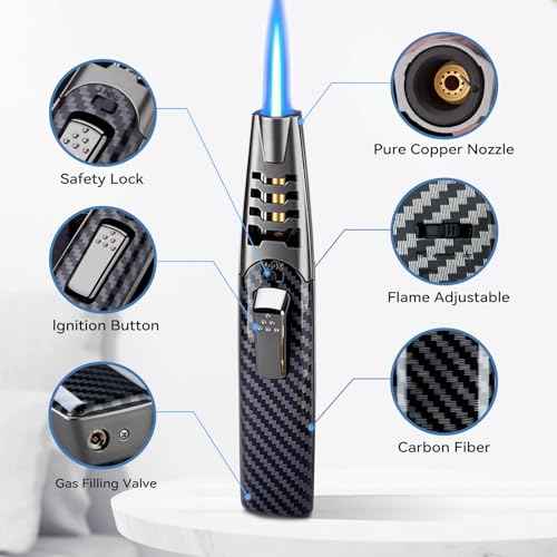 Torch Lighter, Butane Lighter, Adjustable Big Jet Flame Butane Torch, Windproof Refillable Gas Long Torch Lighter with Safety Lock for Candle Grill Camping BBQ Kitchen Soldering, Gas Not Included