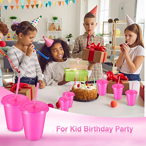 Reusable Plastic Cups with Lids and Straws - 16 oz Hot Pink Glitter Kids Drinkware - 30 Pack