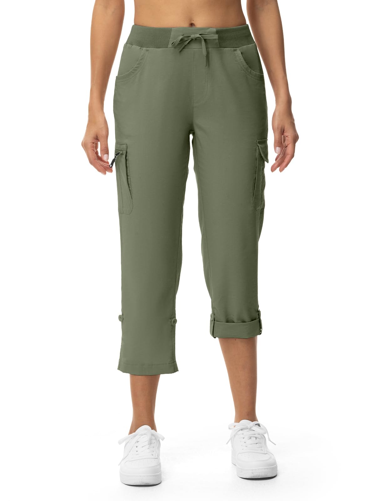 TBMPOY Womens Cargo Capris with Pockets Lightweight Hiking Capris Pants Quick Dry Casual Cropped Pants Summer Trip Cotton Army Green L