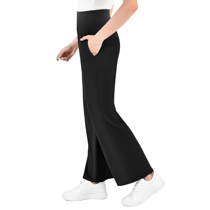 SINOPHANT Black Wide Leg Yoga Pants with Pockets - High Waist Lounge/Palazzo Pants, 30" Inseam, Medium