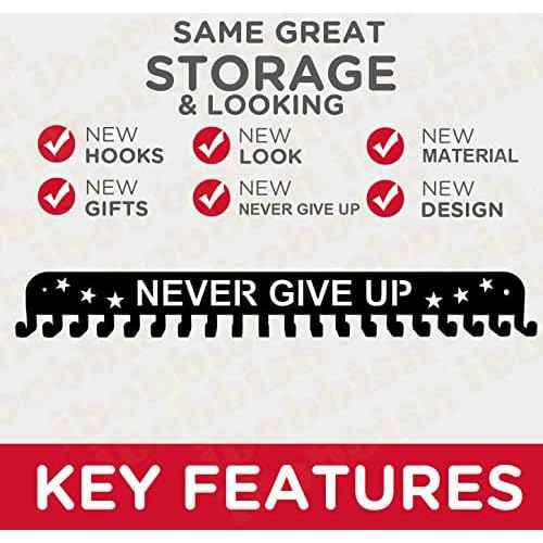 Premium Medal Display Hanger Never Give Up with 20 Hooks,Medal Hanger Display For Wall with 16inchL,race medal display Upgraded Medal Holder display with Simple Design For gymanstics,race,soccer,swim