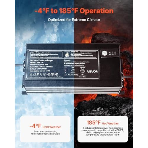 VEVOR Marine Battery Charger, 1-Bank, 10A 12V Onboard Boat Charger, IP68 Waterproof Smart On-Board Battery Charger, for Lithium-Ion (LiFePO4), NCM, Lead-Acid Batteries, Large Boat, Yacht, RV, Trailer