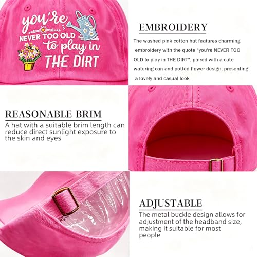 Pink Gardening Hat for Women - Adjustable Cotton Sun Hat with Embroidery, Retirement Gift Mom Grandma