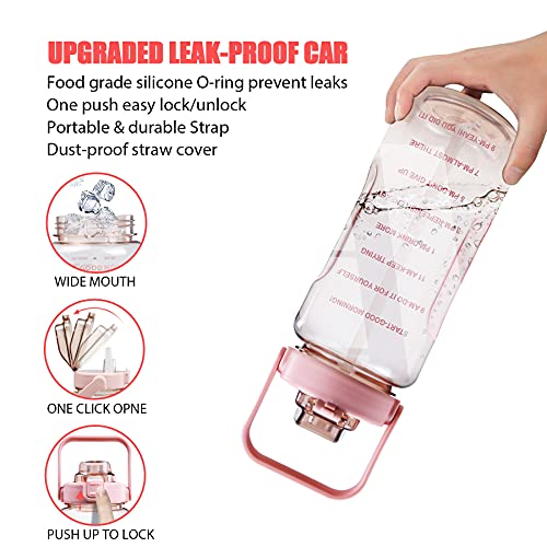 Pink Half Gallon Water Bottle with Sleeve, Motivational 70oz Leakproof Drink