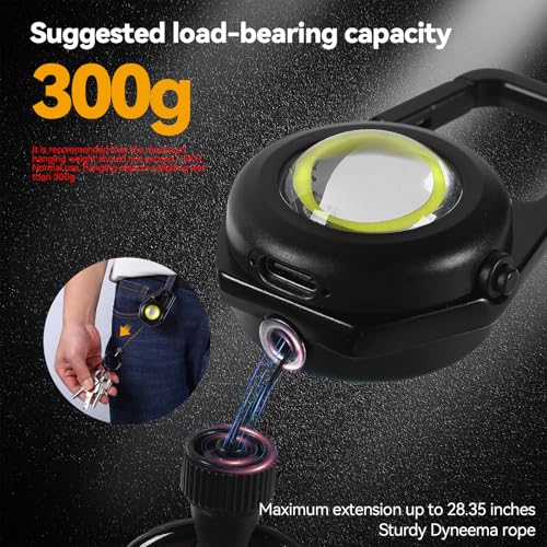 Retractable Keychain Condenser Flashlight 300 Lumens Rechargeable 4 Working Modes with Key Ring and Quick Assembly Ring 30 Inch Dyneema Cord for Work Light,Fishing, Camping, Hiking,Emergency (Black)