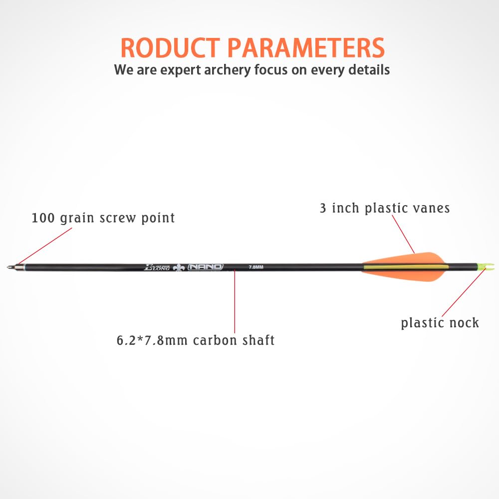 26 inch Carbon Arrow Hunting Arrows with 100 Grain Removable Tips for Archery Compound & Recurve & Traditional Bow Practice Shooting (Pack of 12)