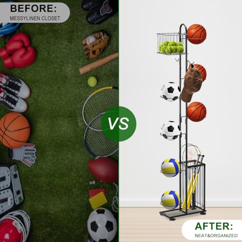 Sunexinlo 7-Tier Freestanding Basketball Storage Rack with Baskets for Indoor/Outdoor Sports Equipment